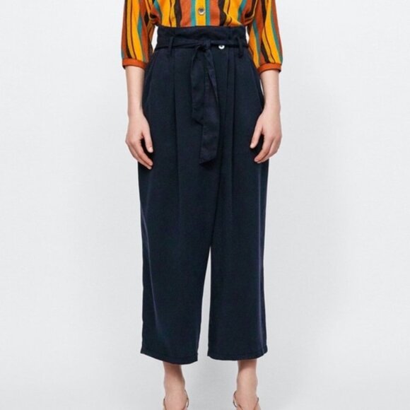 Zara Navy High Waisted Paperbag Asymmetrical Pants - Picture 1 of 12